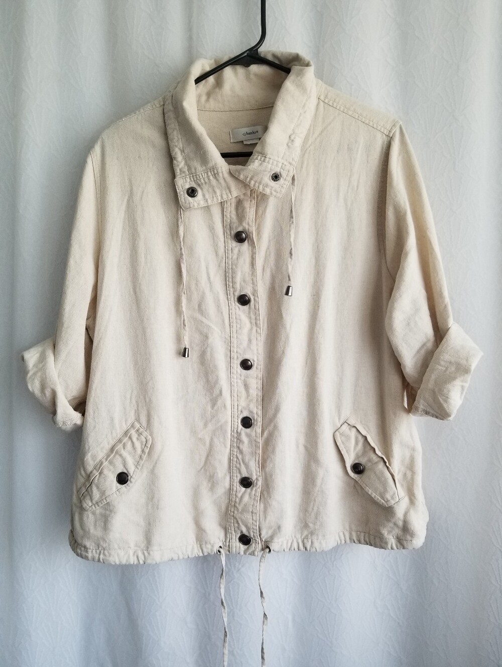 Cream Color Lightweight Jacket Linen Blend Roll Tab Sleeves